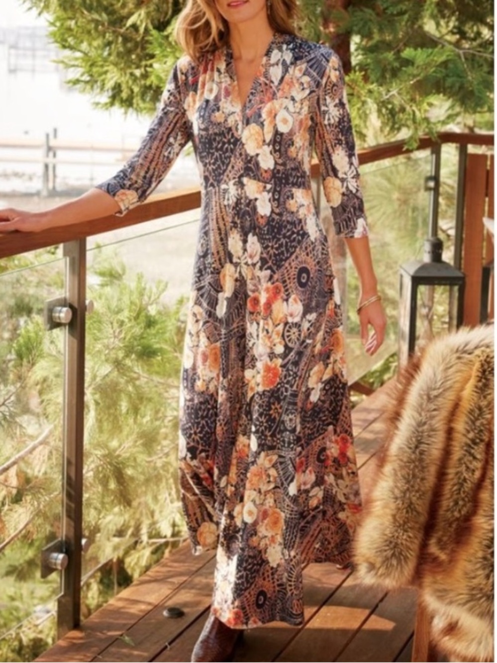 Soft Surroundings Adamaris Maxi Dress Boho Floral Print Women’s Size Large